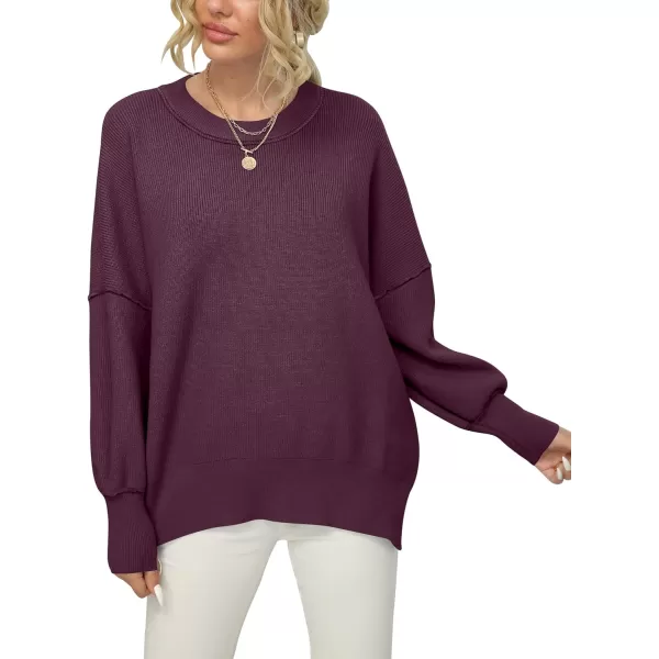 imageANRABESS Women Crewneck Batwing Sleeve 2023 Fall Oversized Side Slit Ribbed Knit Pullover Sweater TopFuchsia