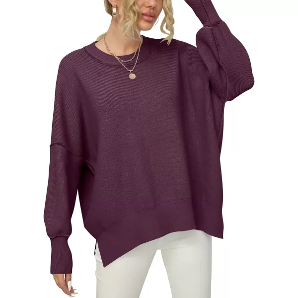 imageANRABESS Women Crewneck Batwing Sleeve 2023 Fall Oversized Side Slit Ribbed Knit Pullover Sweater TopFuchsia