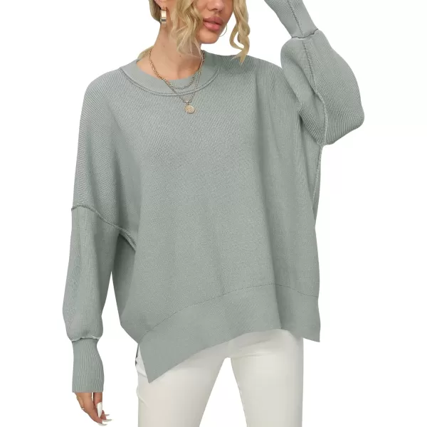 imageANRABESS Women Crewneck Batwing Sleeve 2023 Fall Oversized Side Slit Ribbed Knit Pullover Sweater TopGray