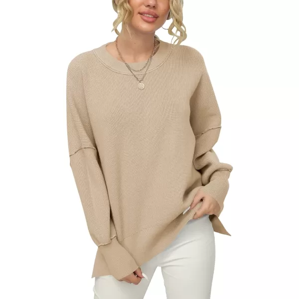 imageANRABESS Women Crewneck Batwing Sleeve 2023 Fall Oversized Side Slit Ribbed Knit Pullover Sweater TopKhaki