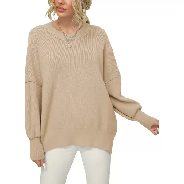 imageANRABESS Women Crewneck Batwing Sleeve 2023 Fall Oversized Side Slit Ribbed Knit Pullover Sweater TopKhaki