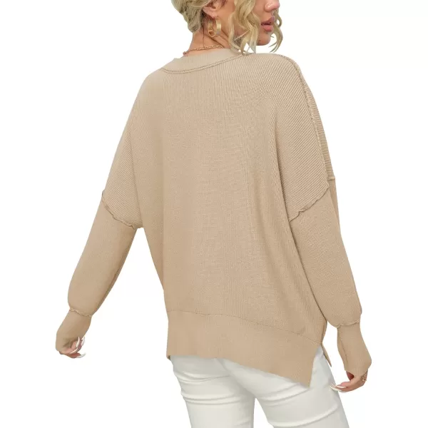 imageANRABESS Women Crewneck Batwing Sleeve 2023 Fall Oversized Side Slit Ribbed Knit Pullover Sweater TopKhaki
