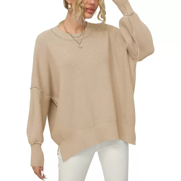 imageANRABESS Women Crewneck Batwing Sleeve 2023 Fall Oversized Side Slit Ribbed Knit Pullover Sweater TopKhaki