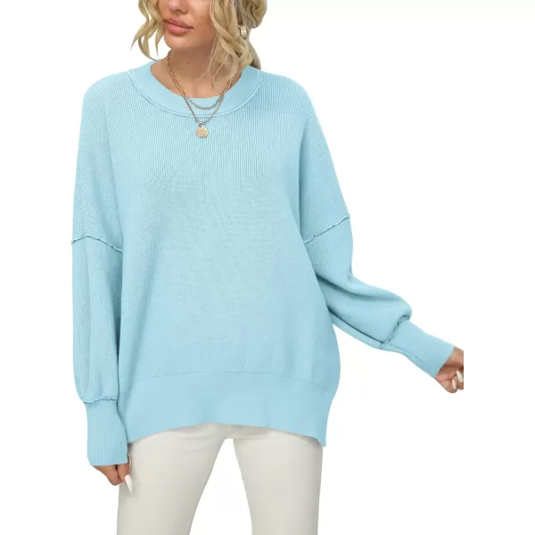 imageANRABESS Women Crewneck Batwing Sleeve 2023 Fall Oversized Side Slit Ribbed Knit Pullover Sweater TopLight Blue