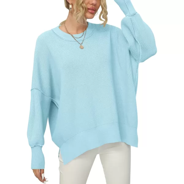 imageANRABESS Women Crewneck Batwing Sleeve 2023 Fall Oversized Side Slit Ribbed Knit Pullover Sweater TopLight Blue