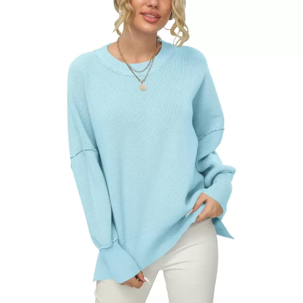 imageANRABESS Women Crewneck Batwing Sleeve 2023 Fall Oversized Side Slit Ribbed Knit Pullover Sweater TopLight Blue