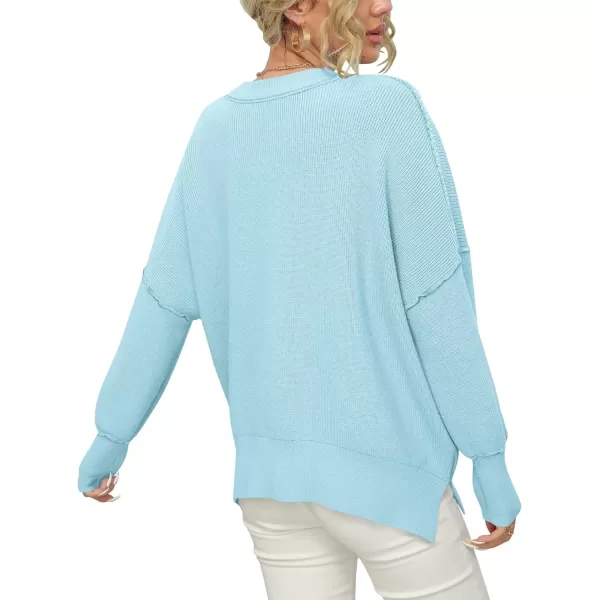 imageANRABESS Women Crewneck Batwing Sleeve 2023 Fall Oversized Side Slit Ribbed Knit Pullover Sweater TopLight Blue