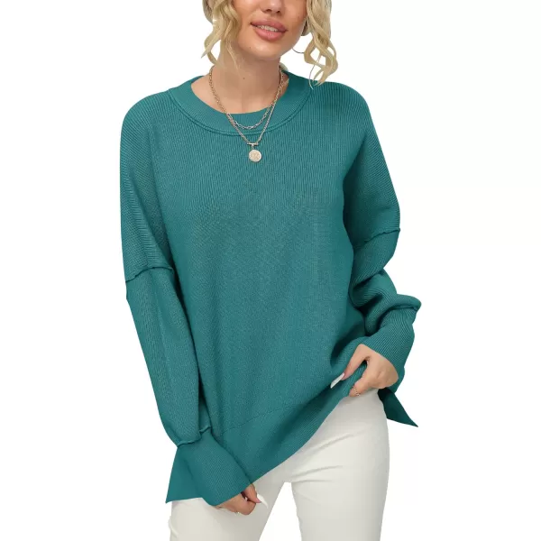 imageANRABESS Women Crewneck Batwing Sleeve 2023 Fall Oversized Side Slit Ribbed Knit Pullover Sweater TopOpal