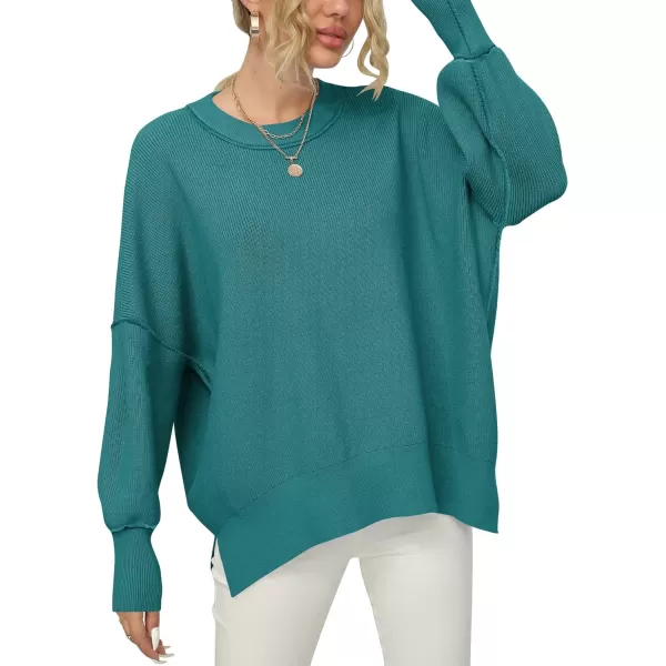 imageANRABESS Women Crewneck Batwing Sleeve 2023 Fall Oversized Side Slit Ribbed Knit Pullover Sweater TopOpal