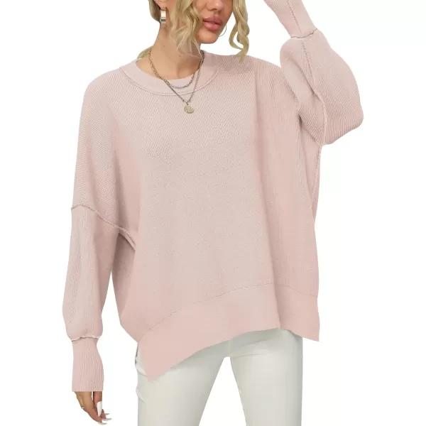 imageANRABESS Women Crewneck Batwing Sleeve 2023 Fall Oversized Side Slit Ribbed Knit Pullover Sweater TopPink