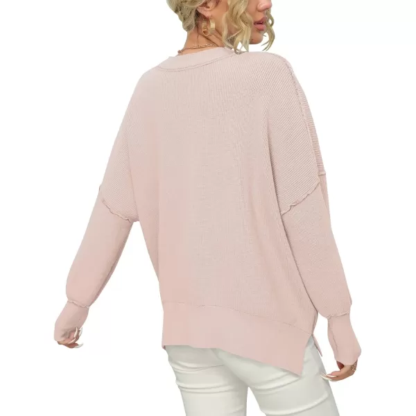 imageANRABESS Women Crewneck Batwing Sleeve 2023 Fall Oversized Side Slit Ribbed Knit Pullover Sweater TopPink