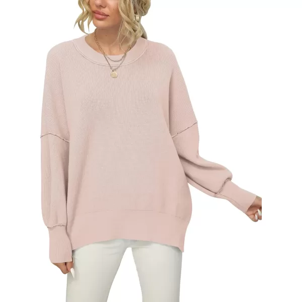 imageANRABESS Women Crewneck Batwing Sleeve 2023 Fall Oversized Side Slit Ribbed Knit Pullover Sweater TopPink