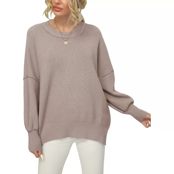 imageANRABESS Women Crewneck Batwing Sleeve 2023 Fall Oversized Side Slit Ribbed Knit Pullover Sweater TopPink Apricot