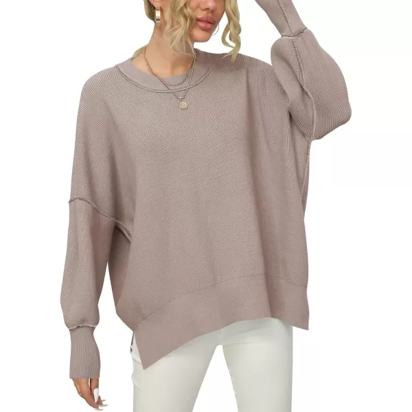 imageANRABESS Women Crewneck Batwing Sleeve 2023 Fall Oversized Side Slit Ribbed Knit Pullover Sweater TopPink Apricot