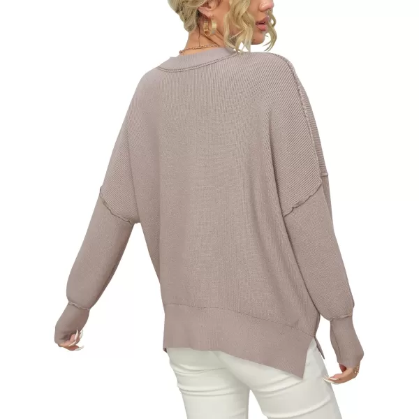 imageANRABESS Women Crewneck Batwing Sleeve 2023 Fall Oversized Side Slit Ribbed Knit Pullover Sweater TopPink Apricot