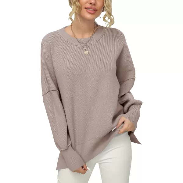 imageANRABESS Women Crewneck Batwing Sleeve 2023 Fall Oversized Side Slit Ribbed Knit Pullover Sweater TopPink Apricot