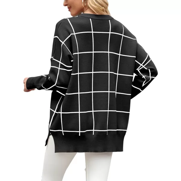 imageANRABESS Women Crewneck Batwing Sleeve 2023 Fall Oversized Side Slit Ribbed Knit Pullover Sweater TopPlaid Black