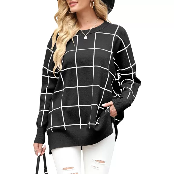 imageANRABESS Women Crewneck Batwing Sleeve 2023 Fall Oversized Side Slit Ribbed Knit Pullover Sweater TopPlaid Black