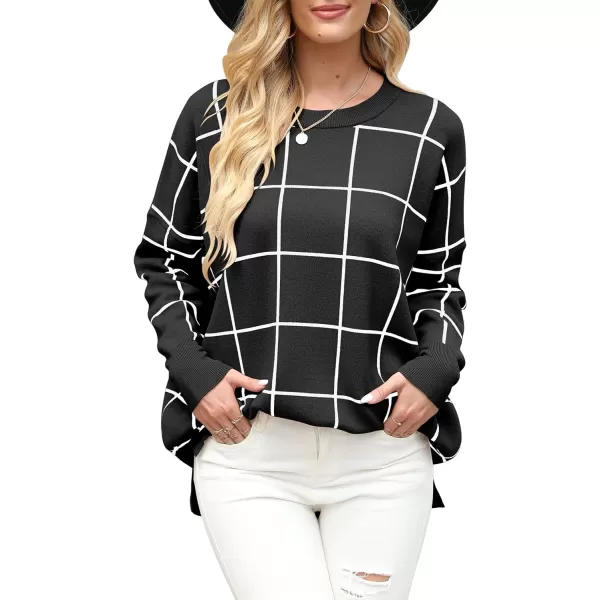 imageANRABESS Women Crewneck Batwing Sleeve 2023 Fall Oversized Side Slit Ribbed Knit Pullover Sweater TopPlaid Black