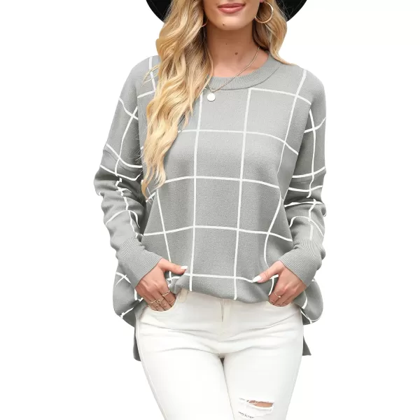 imageANRABESS Women Crewneck Batwing Sleeve 2023 Fall Oversized Side Slit Ribbed Knit Pullover Sweater TopPlaid Gray