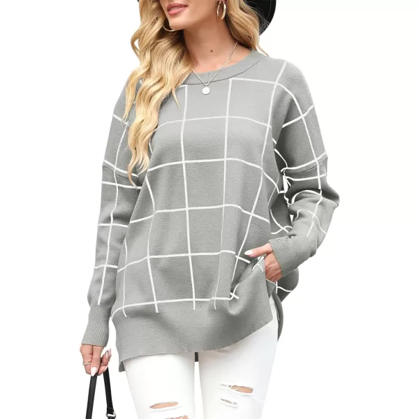imageANRABESS Women Crewneck Batwing Sleeve 2023 Fall Oversized Side Slit Ribbed Knit Pullover Sweater TopPlaid Gray
