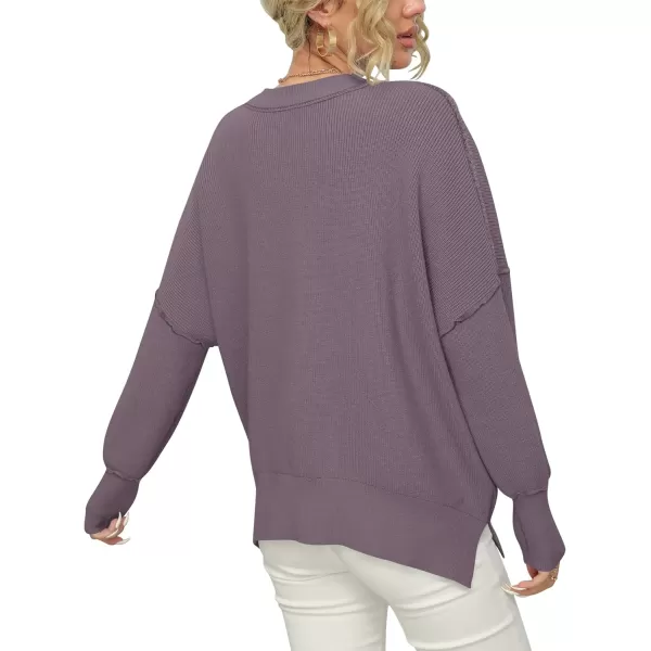 imageANRABESS Women Crewneck Batwing Sleeve 2023 Fall Oversized Side Slit Ribbed Knit Pullover Sweater TopPurple