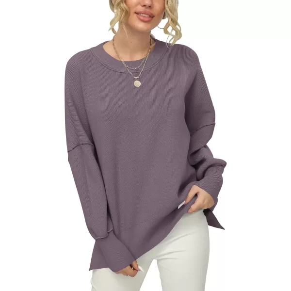 imageANRABESS Women Crewneck Batwing Sleeve 2023 Fall Oversized Side Slit Ribbed Knit Pullover Sweater TopPurple