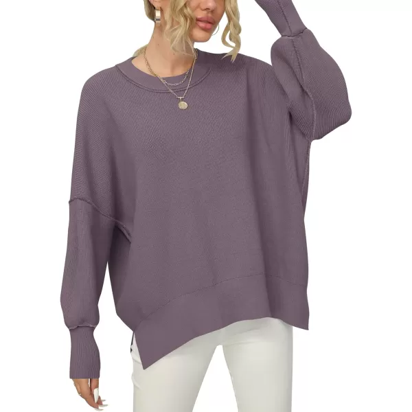 imageANRABESS Women Crewneck Batwing Sleeve 2023 Fall Oversized Side Slit Ribbed Knit Pullover Sweater TopPurple