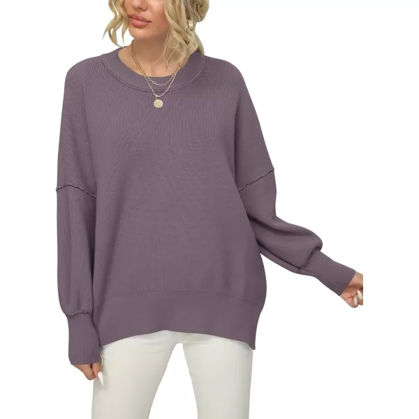 imageANRABESS Women Crewneck Batwing Sleeve 2023 Fall Oversized Side Slit Ribbed Knit Pullover Sweater TopPurple