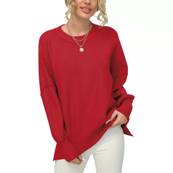 imageANRABESS Women Crewneck Batwing Sleeve 2023 Fall Oversized Side Slit Ribbed Knit Pullover Sweater TopRed