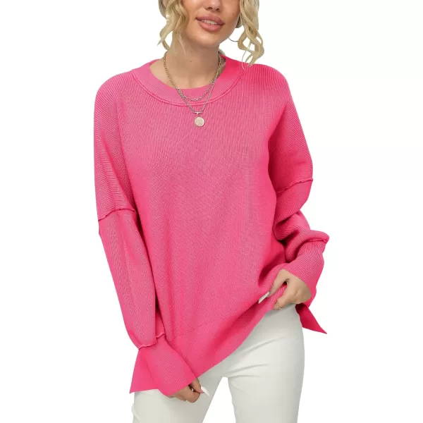 imageANRABESS Women Crewneck Batwing Sleeve 2023 Fall Oversized Side Slit Ribbed Knit Pullover Sweater TopRose