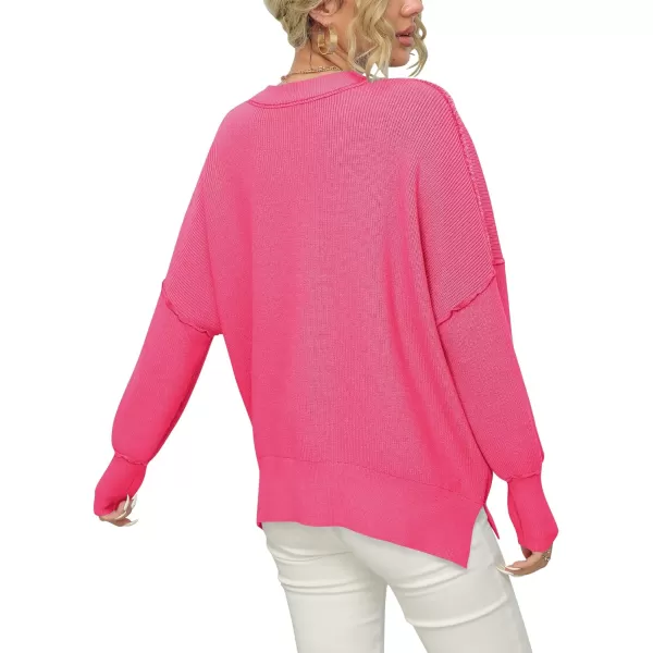 imageANRABESS Women Crewneck Batwing Sleeve 2023 Fall Oversized Side Slit Ribbed Knit Pullover Sweater TopRose