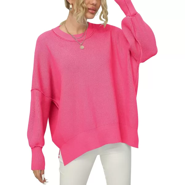 imageANRABESS Women Crewneck Batwing Sleeve 2023 Fall Oversized Side Slit Ribbed Knit Pullover Sweater TopRose