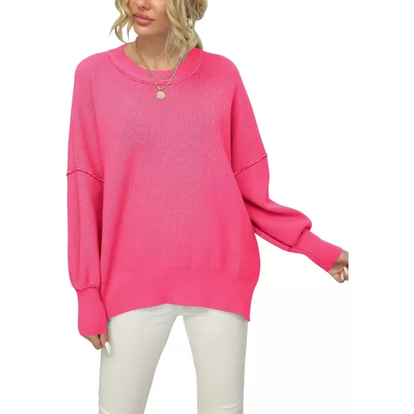 imageANRABESS Women Crewneck Batwing Sleeve 2023 Fall Oversized Side Slit Ribbed Knit Pullover Sweater TopRose