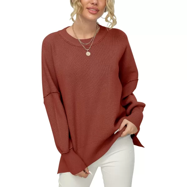 imageANRABESS Women Crewneck Batwing Sleeve 2023 Fall Oversized Side Slit Ribbed Knit Pullover Sweater TopRust