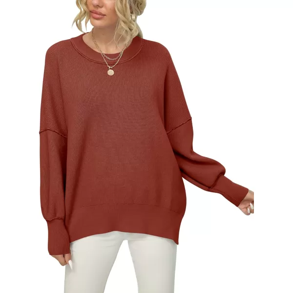 imageANRABESS Women Crewneck Batwing Sleeve 2023 Fall Oversized Side Slit Ribbed Knit Pullover Sweater TopRust