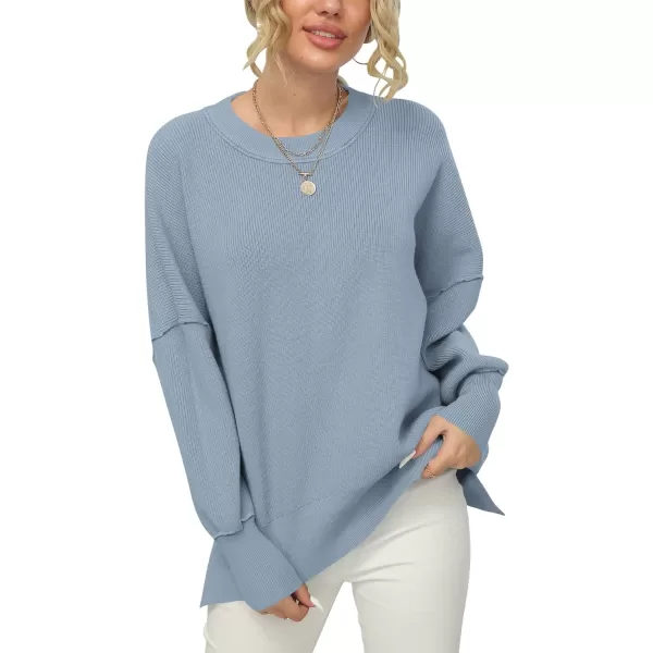 imageANRABESS Women Crewneck Batwing Sleeve 2023 Fall Oversized Side Slit Ribbed Knit Pullover Sweater TopSky Blue