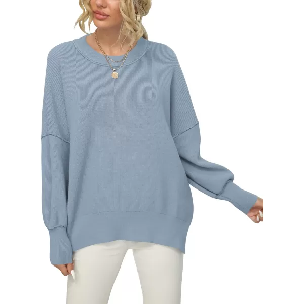 imageANRABESS Women Crewneck Batwing Sleeve 2023 Fall Oversized Side Slit Ribbed Knit Pullover Sweater TopSky Blue