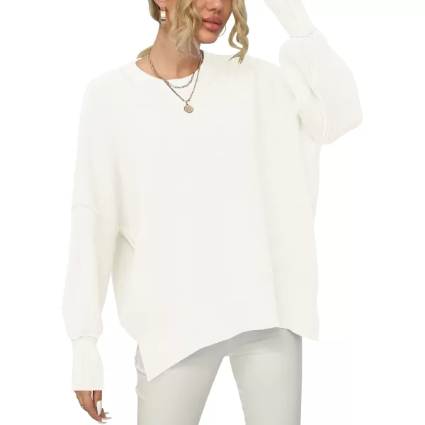 imageANRABESS Women Crewneck Batwing Sleeve 2023 Fall Oversized Side Slit Ribbed Knit Pullover Sweater TopWhite