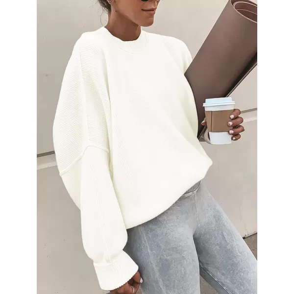 imageANRABESS Women Crewneck Batwing Sleeve 2023 Fall Oversized Side Slit Ribbed Knit Pullover Sweater TopWhite