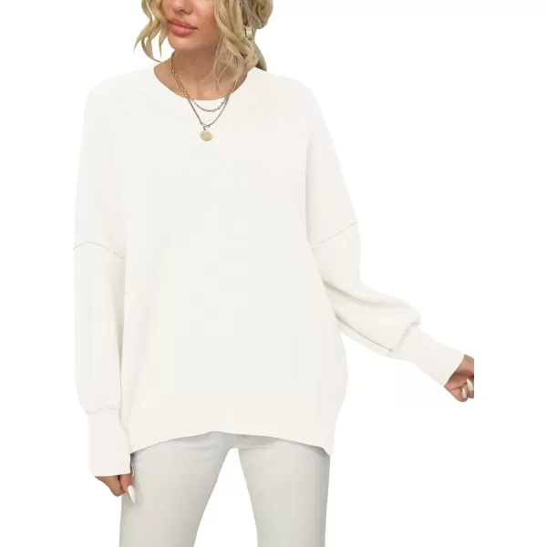 imageANRABESS Women Crewneck Batwing Sleeve 2023 Fall Oversized Side Slit Ribbed Knit Pullover Sweater TopWhite