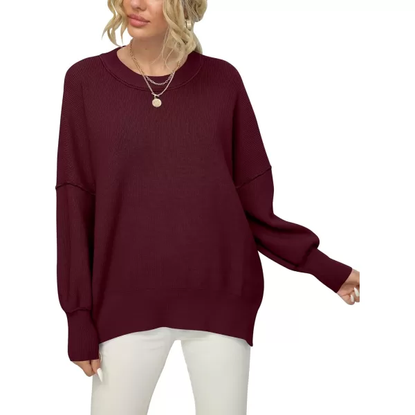 imageANRABESS Women Crewneck Batwing Sleeve 2023 Fall Oversized Side Slit Ribbed Knit Pullover Sweater TopWine Red