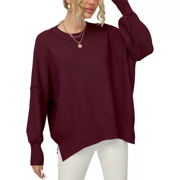 imageANRABESS Women Crewneck Batwing Sleeve 2023 Fall Oversized Side Slit Ribbed Knit Pullover Sweater TopWine Red