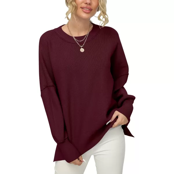 imageANRABESS Women Crewneck Batwing Sleeve 2023 Fall Oversized Side Slit Ribbed Knit Pullover Sweater TopWine Red