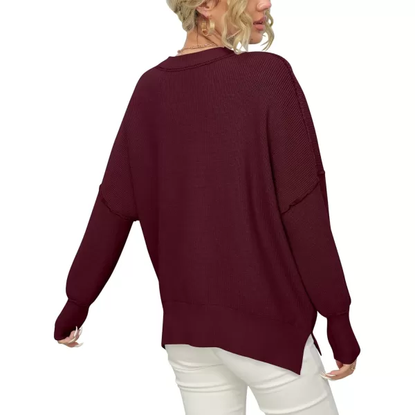 imageANRABESS Women Crewneck Batwing Sleeve 2023 Fall Oversized Side Slit Ribbed Knit Pullover Sweater TopWine Red