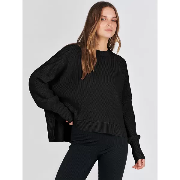 imageANRABESS Women Crewneck Batwing Sleeve Oversized Side Slit Ribbed Knit Crop Pullover Sweater TopBlack