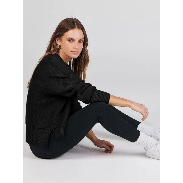 imageANRABESS Women Crewneck Batwing Sleeve Oversized Side Slit Ribbed Knit Crop Pullover Sweater TopBlack