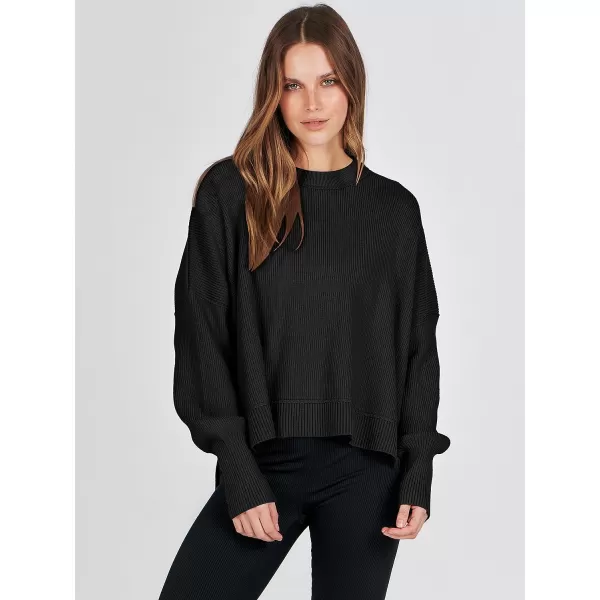 imageANRABESS Women Crewneck Batwing Sleeve Oversized Side Slit Ribbed Knit Crop Pullover Sweater TopBlack