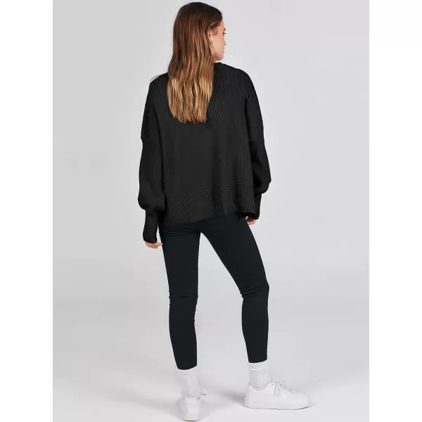 imageANRABESS Women Crewneck Batwing Sleeve Oversized Side Slit Ribbed Knit Crop Pullover Sweater TopBlack