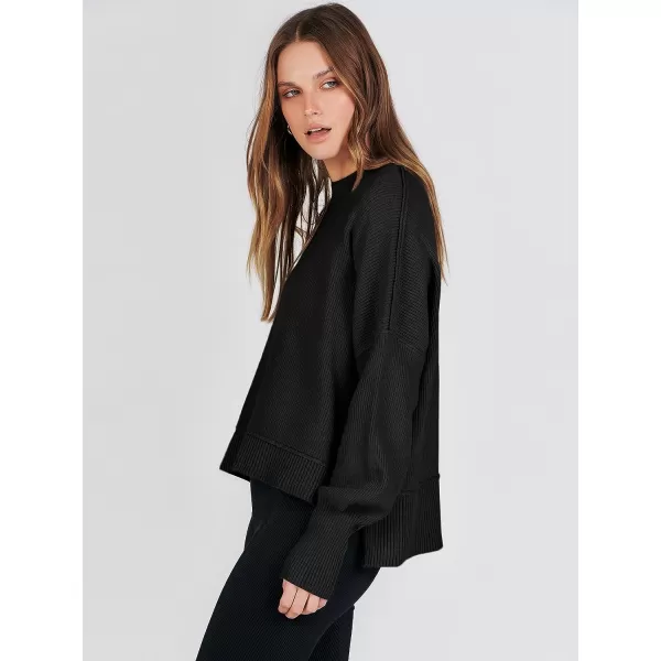 imageANRABESS Women Crewneck Batwing Sleeve Oversized Side Slit Ribbed Knit Crop Pullover Sweater TopBlack
